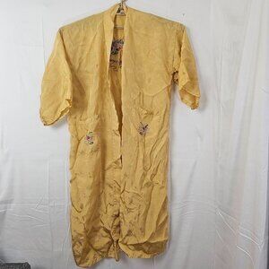 Vintage Golden Bee Chinese Yellow Embroidered Floral Satin Rayon Robe Kimono